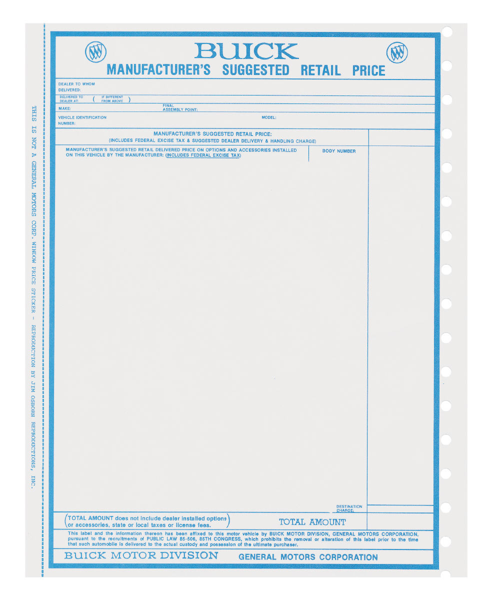 Window Sticker, New Vehicle Price, 1967 Buick