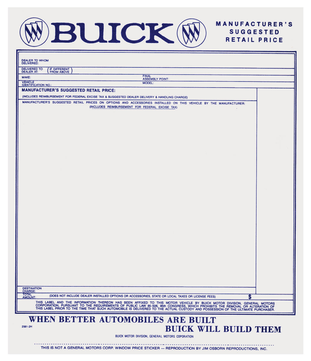 Window Sticker, New Vehicle Price, 1963-64 Buick