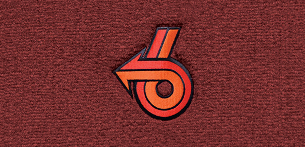 Floor Mats, Cutpile, 1982-87 Buick G-Body, Pwr-6 Logo w/ Red/Orange, Blk Outline 1 Floor Mats, Cutpile, 1982-87 Buick G-Body, Pwr-6 Logo w/ Red/Orange, Blk Outline