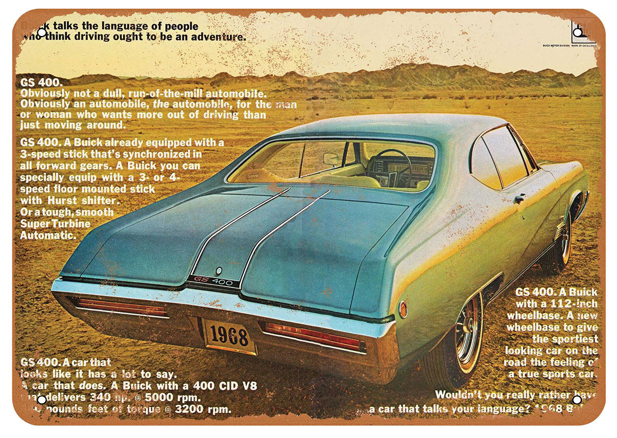 Sign, Aluminum 10"x14", 1968 Buick GS 400 Rear 1 Sign, Aluminum 10"x14", 1968 Buick GS 400 Rear