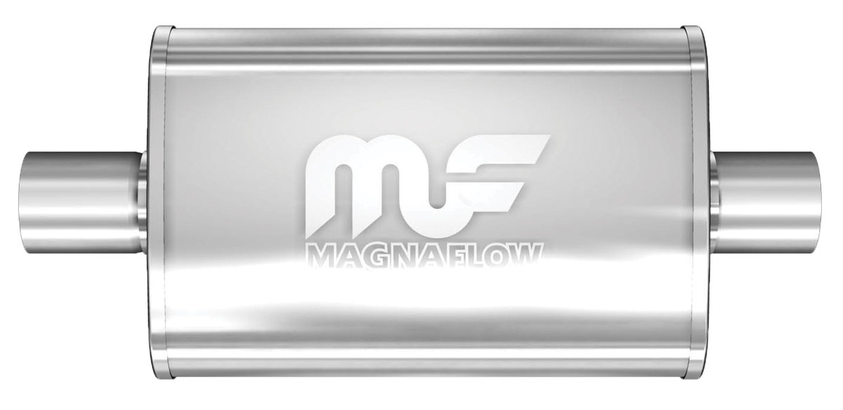 Muffler, 4" x 9" Oval Reversible, Magnaflow, Satin 409SS, Center/Center 1 Muffler, 4" x 9" Oval Reversible, Magnaflow, Satin 409SS, Center/Center