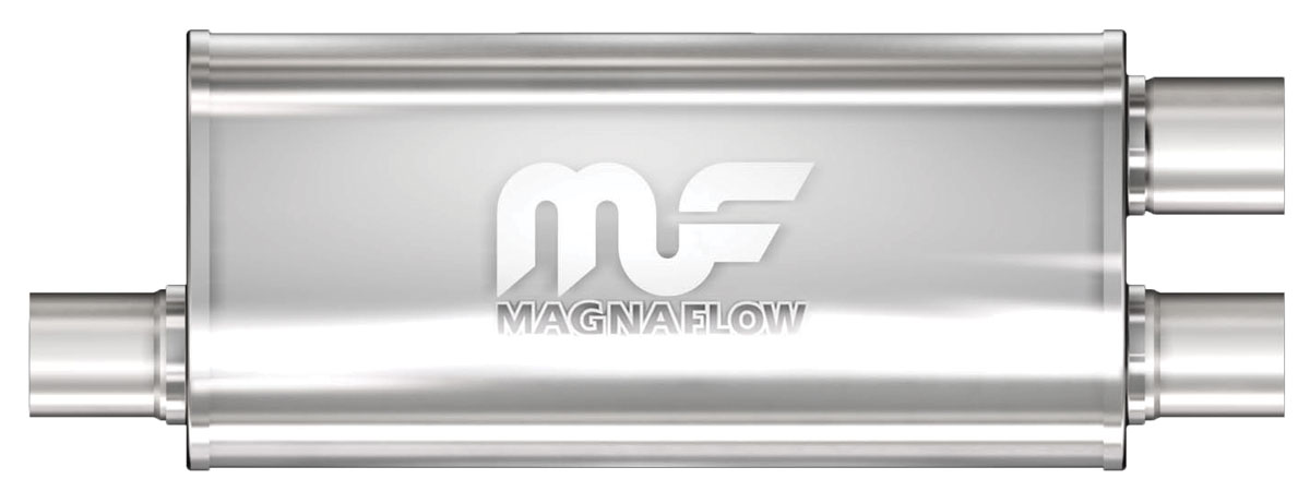 Muffler, 5" x 8" x 18" Oval Reversible, Brshd 430SS, Offset/Dual, Transverse 1 Muffler, 5" x 8" x 18" Oval Reversible, Brshd 430SS, Offset/Dual, Transverse
