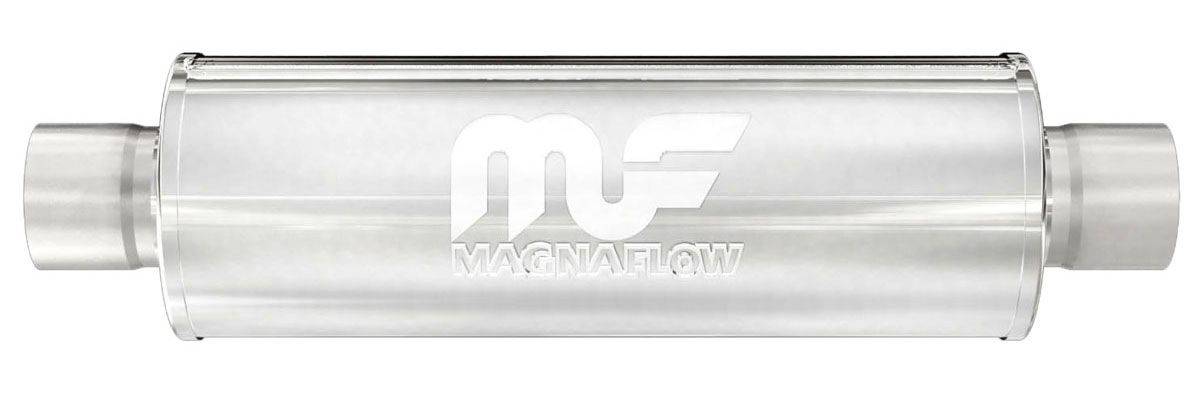 Muffler, 4" Round Reversible, 2.5" Core, Magnaflow, Satin 409SS, Center/Center 1 Muffler, 4" Round Reversible, 2.5" Core, Magnaflow, Satin 409SS, Center/Center