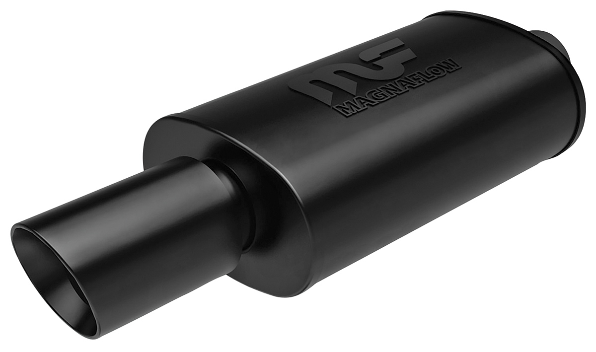 Muffler w/Tip, 5" x 8" x 14" Oval, 2.25" In/4" Rolled Agl Cut, Blck, Cntr In/Out 1 Muffler w/Tip, 5" x 8" x 14" Oval, 2.25" In/4" Rolled Agl Cut, Blck, Cntr In/Out