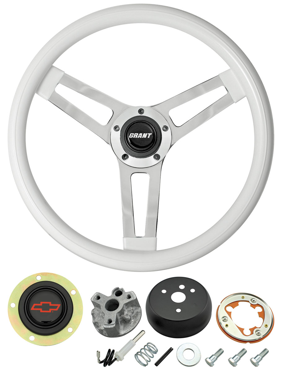 Steering Wheel, Grant Classic 5, 1966 Chevrolet, White w/ Red Bowtie Cap 1 Steering Wheel, Grant Classic 5, 1966 Chevrolet, White w/ Red Bowtie Cap