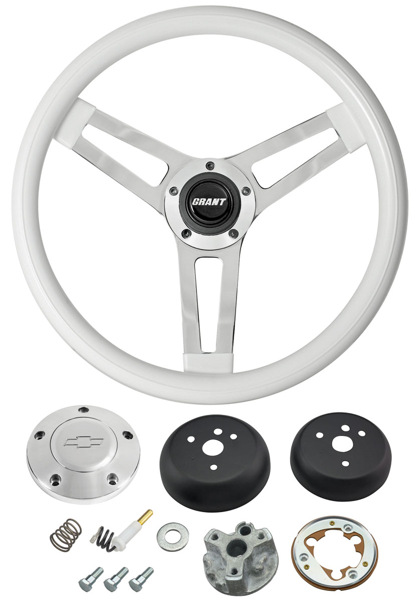 Steering Wheel, Grant Classic 5, 1964-65 Chevrolet, White w/ Billet Bowtie Cap 1 Steering Wheel, Grant Classic 5, 1964-65 Chevrolet, White w/ Billet Bowtie Cap