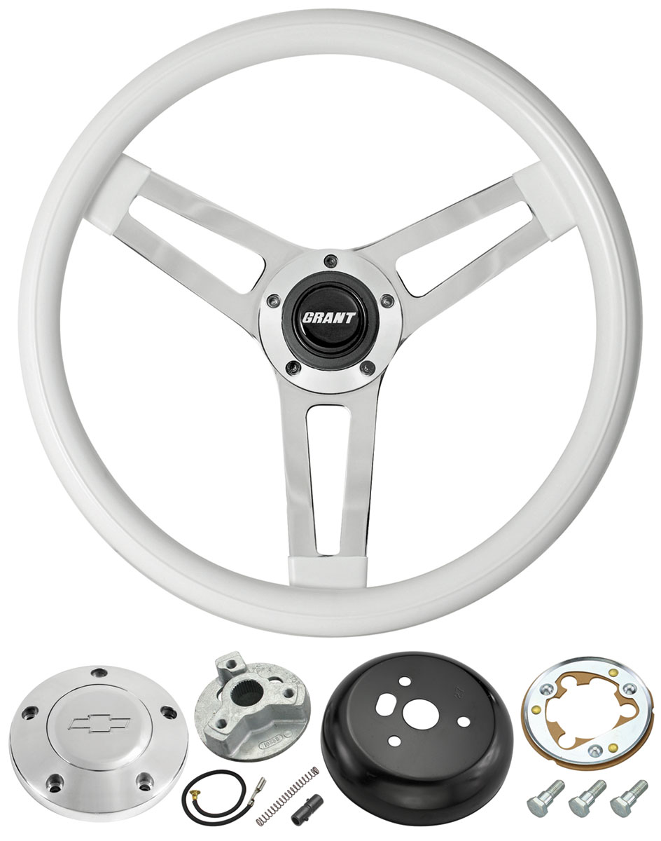 Steering Wheel, Grant Classic 5, 1969-88 Chevrolet, White w/ Billet Bowtie Cap 1 Steering Wheel, Grant Classic 5, 1969-88 Chevrolet, White w/ Billet Bowtie Cap