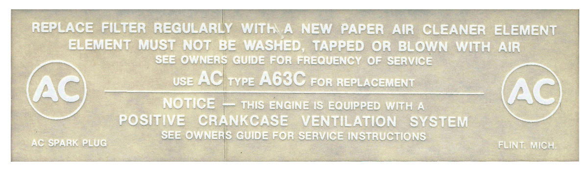 Decal, Air Cleaner Service, 1964 Cadillac, California Cars, A63C 1 Decal, Air Cleaner Service, 1964 Cadillac, California Cars, A63C