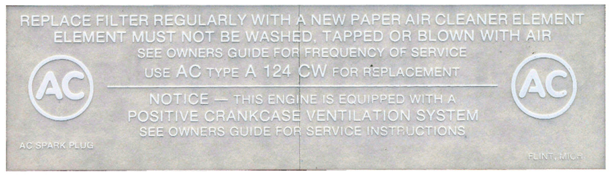 Decal, Air Cleaner Service, 1965-67 Cadillac, A124CW 1 Decal, Air Cleaner Service, 1965-67 Cadillac, A124CW