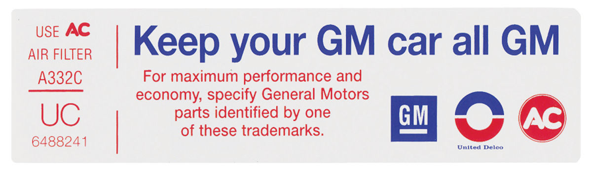 Decal, Air Cleaner Service, 74 Coupe De Ville, All GM, UC 6488241