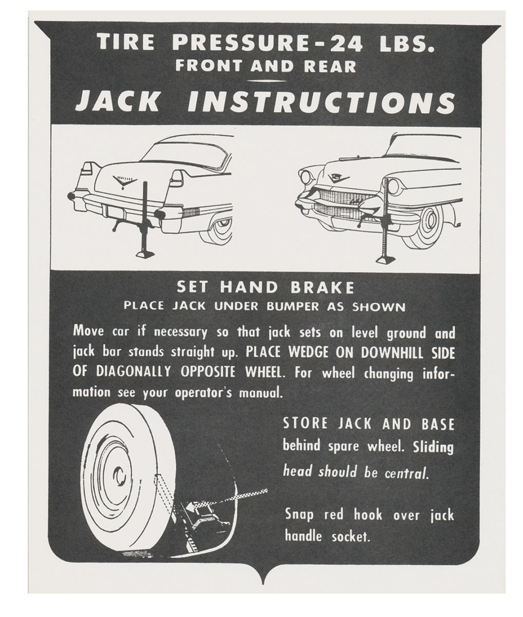 Decal, Jacking Instructions, 1956 Cadillac, In Trunk 1 Decal, Jacking Instructions, 1956 Cadillac, In Trunk