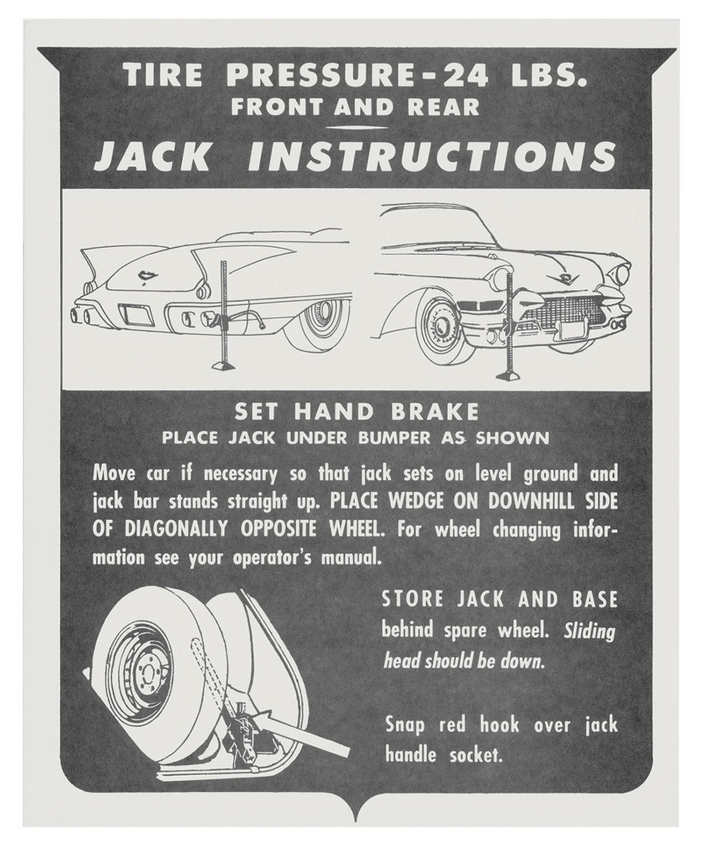 Decal, Jacking Instructions, 1957 Cadillac Eldorado, In Trunk 1 Decal, Jacking Instructions, 1957 Cadillac Eldorado, In Trunk
