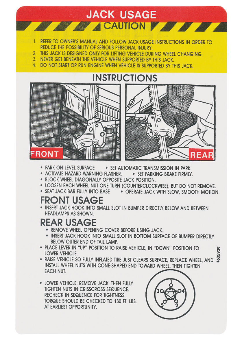 Decal, Jacking Instructions, 1975 Cadillac Eldorado, In Trunk, GM # 1605939 1 Decal, Jacking Instructions, 1975 Cadillac Eldorado, In Trunk, GM # 1605939