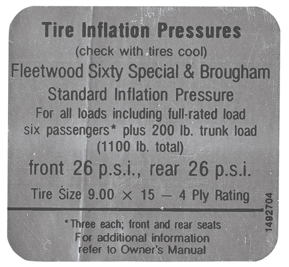 Decal, Tire Pressure, 1968-69 Fleetwood 4D Sedan, In Door Jamb