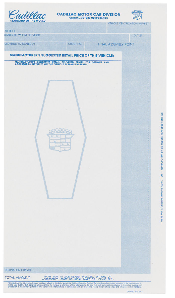 Window Sticker, New Vehicle Price, 1972-73 Cadillac