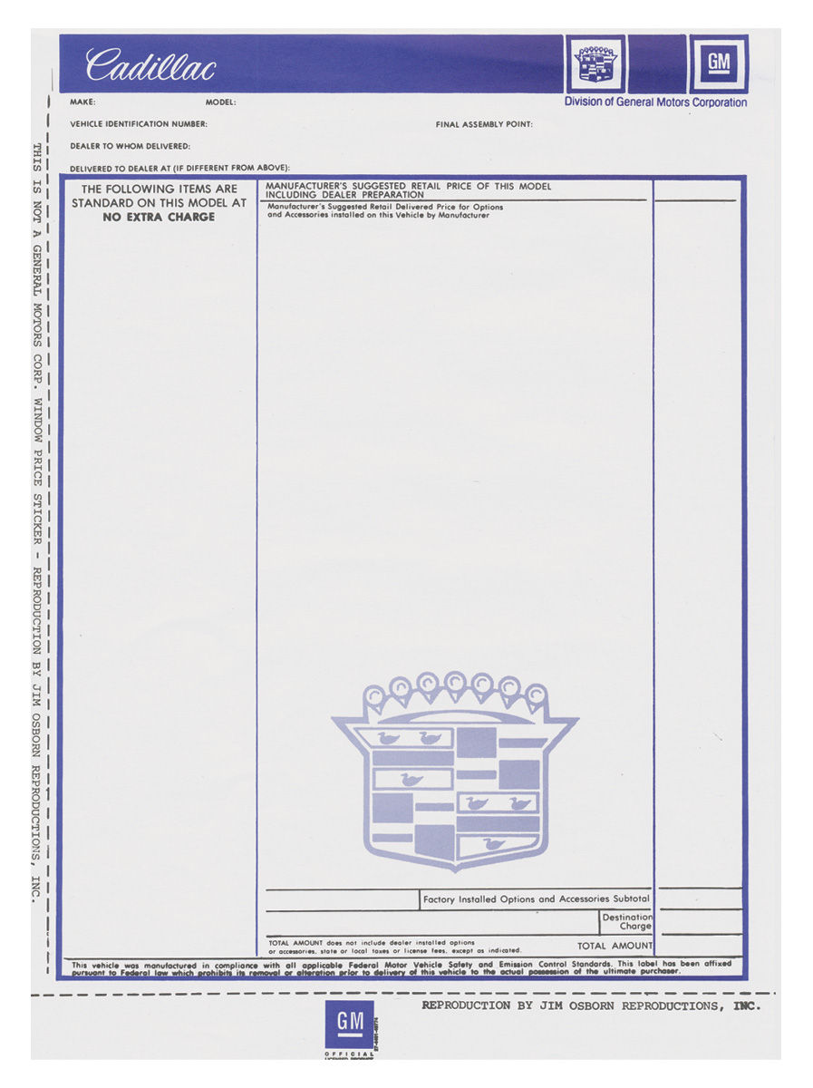 Window Sticker, New Vehicle Price, 1975-76 Cadillac
