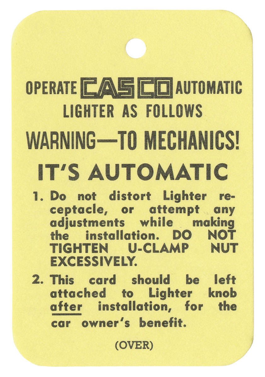 Instructions Tag, Casco Cigarette Lighter, 1954-57 Cadillac