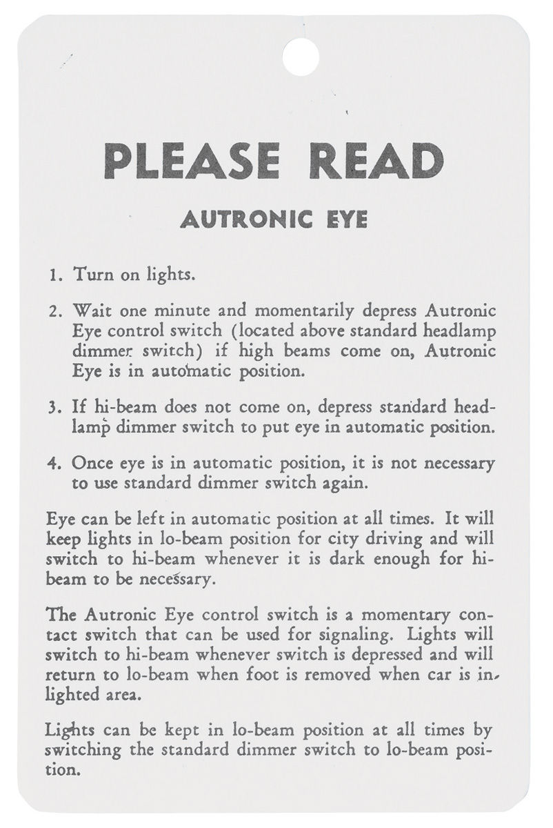 Instructions Tag, Autronic Eye, 1957-59 Cadillac