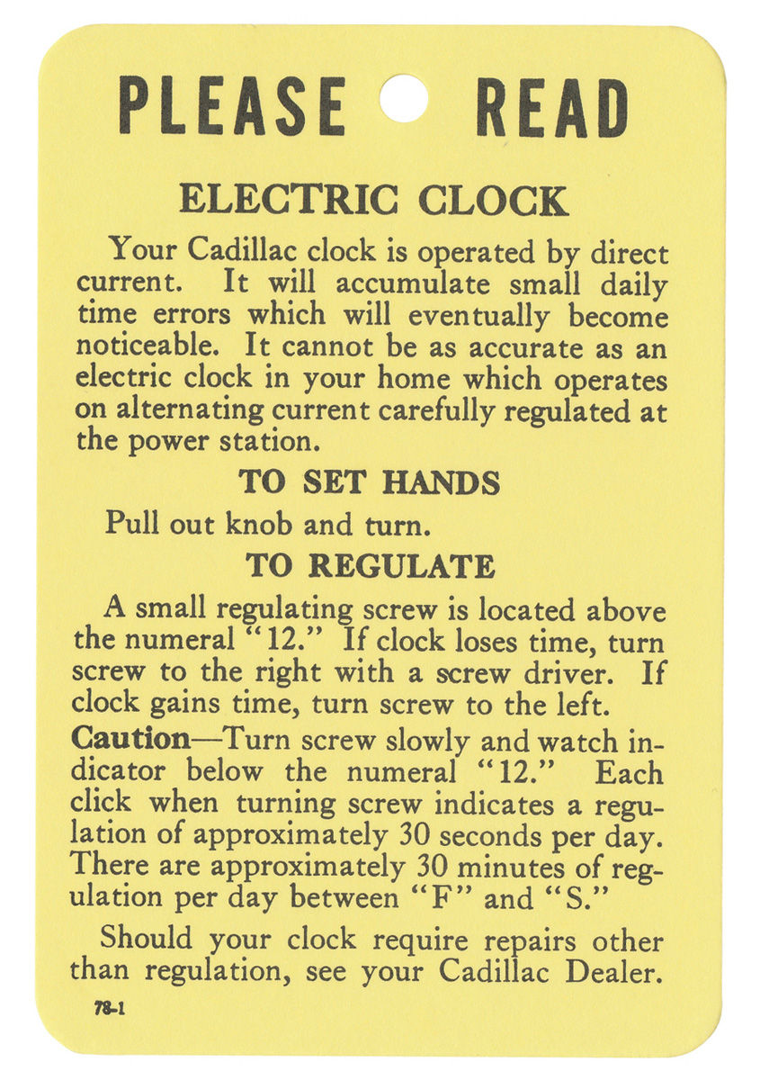 Instructions Tag, Electric Clock, 1954-59 Cadillac