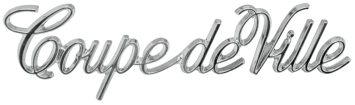 Emblem, Roof Sail Panel, 1972-73/1977-84 Cadillac "Coupe DeVille" Script 1 Emblem, Roof Sail Panel, 1972-73/1977-84 Cadillac "Coupe DeVille" Script