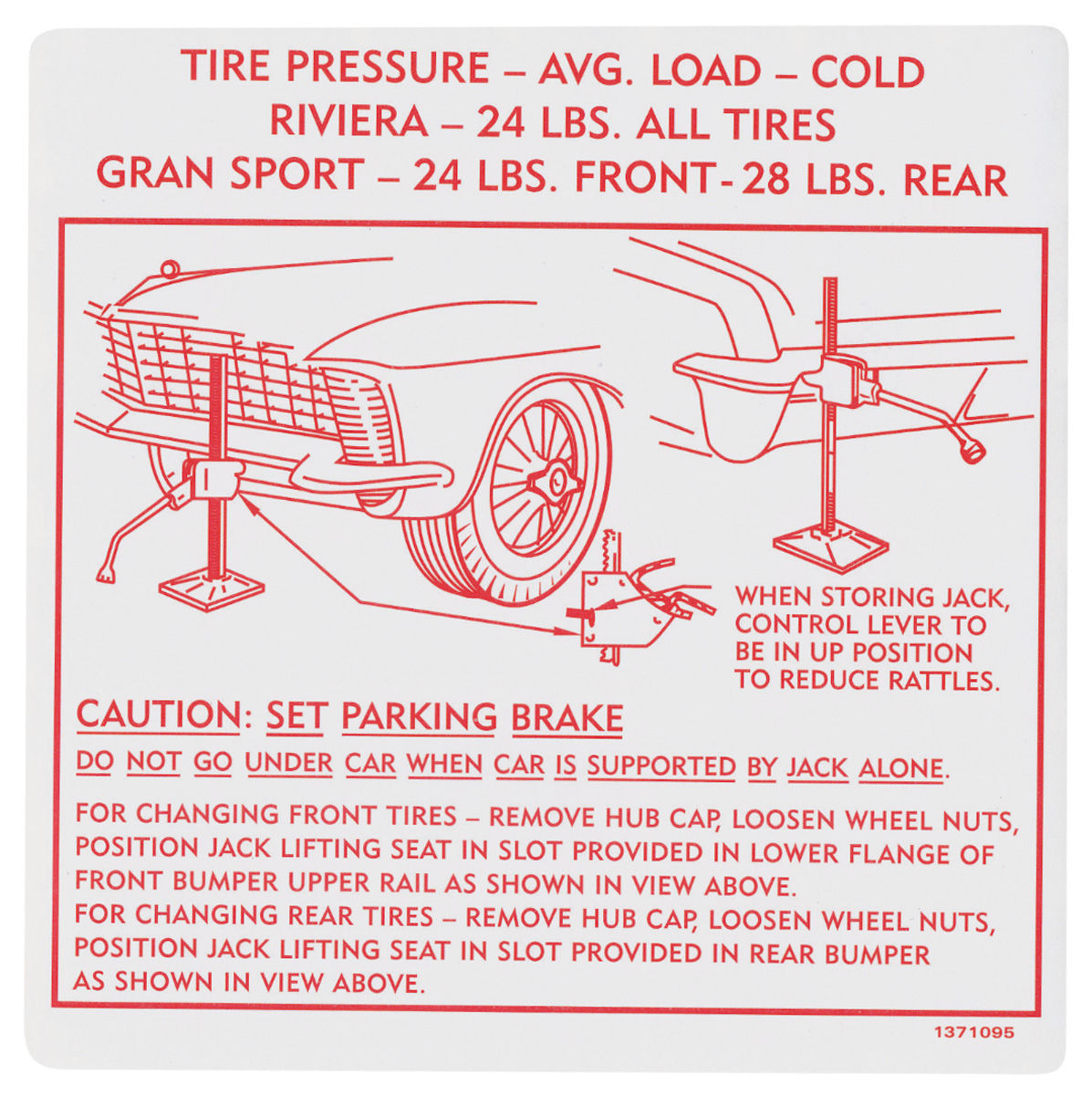 Decal, Jacking Instructions, 1965 Riviera/GS, In Trunk, GM # 137109 1 Decal, Jacking Instructions, 1965 Riviera/GS, In Trunk, GM # 137109