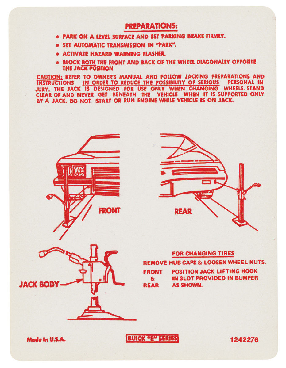 Decal, Jacking Instructions, 1973 Riviera, In Trunk, GM # 1242276