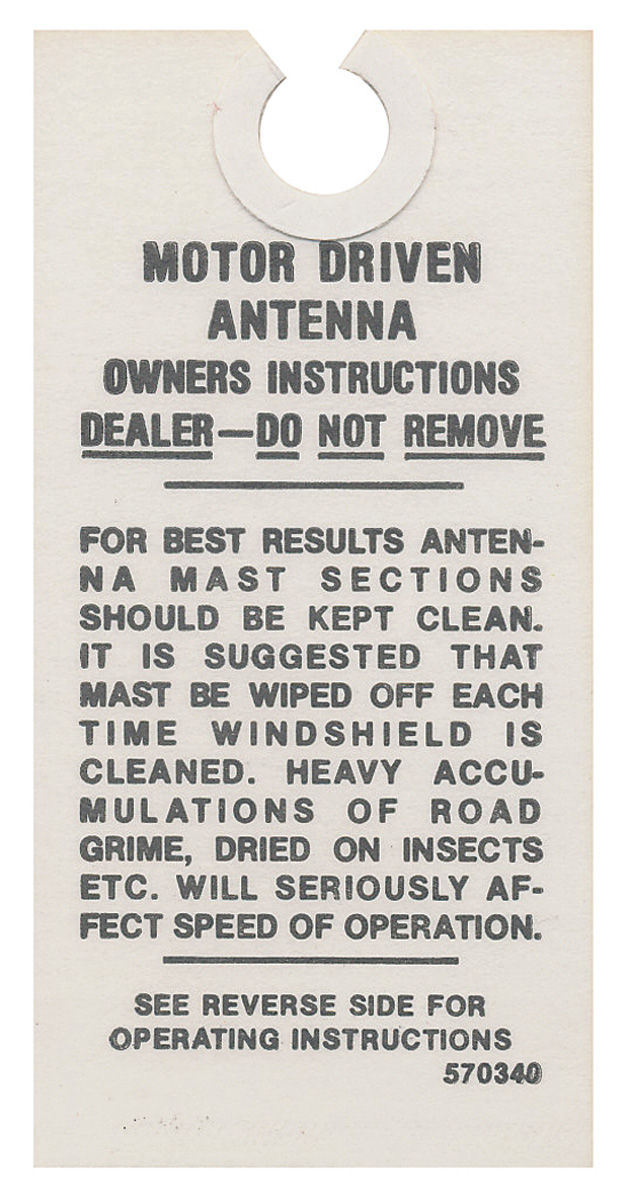 Instructions Tag, Power Antenna, 63 Riviera/59-63 Pontiac/54-63 Cadillac