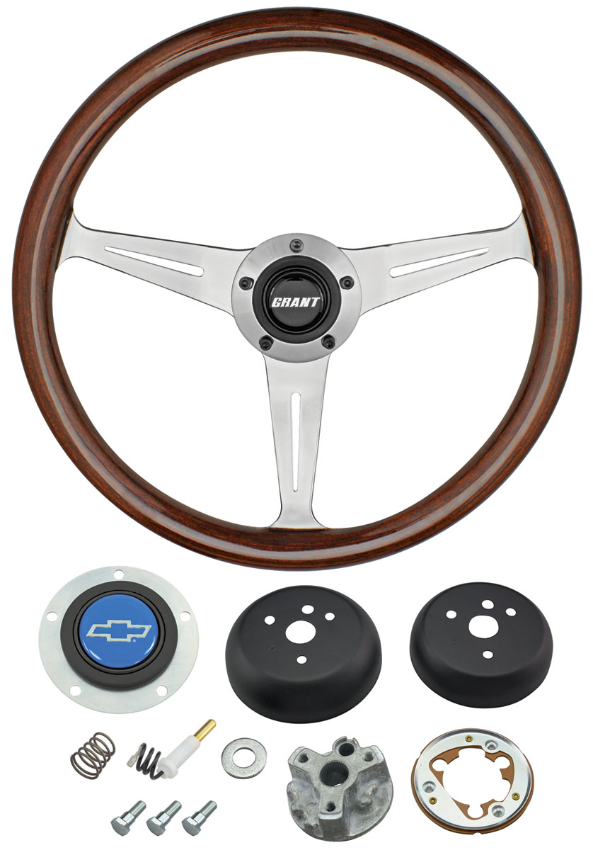 Steering Wheel Kit, Grant 3-Spoke, 1964-65 Chevelle, Mahogany w/Blue Bowtie Cap 1 Steering Wheel Kit, Grant 3-Spoke, 1964-65 Chevelle, Mahogany w/Blue Bowtie Cap