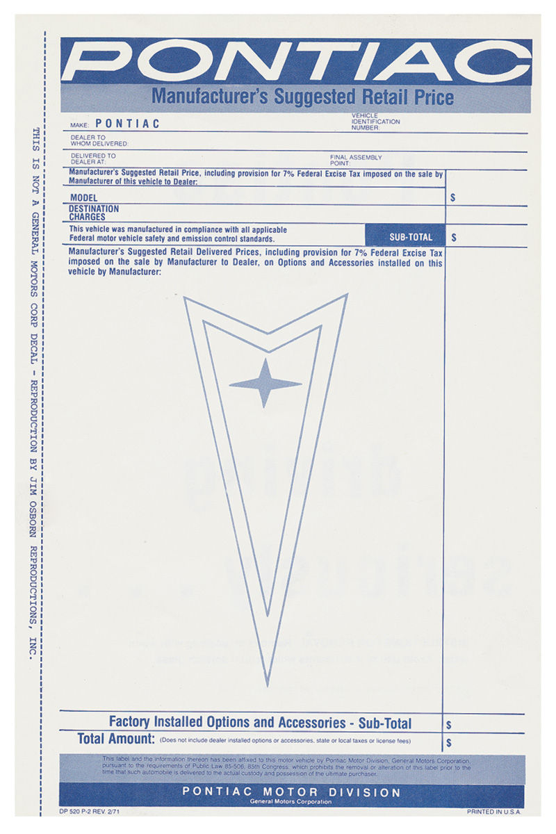 Window Sticker, New Vehicle Price, 1971 Pontiac