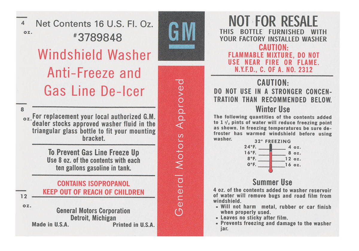 Decal, 68-75 Pontiac, Buick, 68-72 Cadillac, Filler Bottle, Windshield Washer
