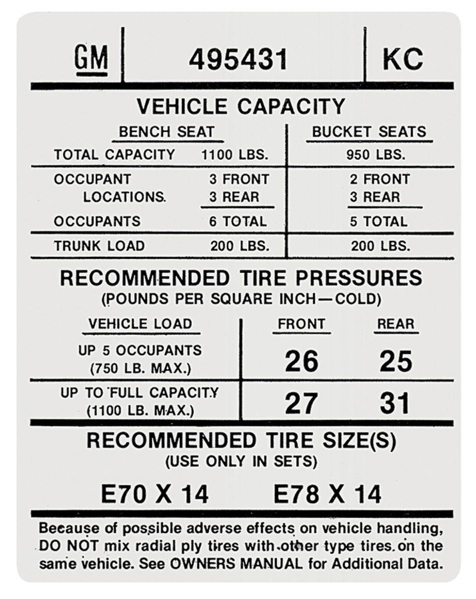 Decal, Tire Pressure, 1974 GTO/Tempest/LeMans, KC 495431