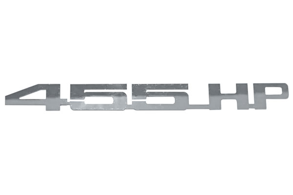 Emblem, 455 HP, Mirror Polished Stainless, Laser Cut 1 Emblem, 455 HP, Mirror Polished Stainless, Laser Cut
