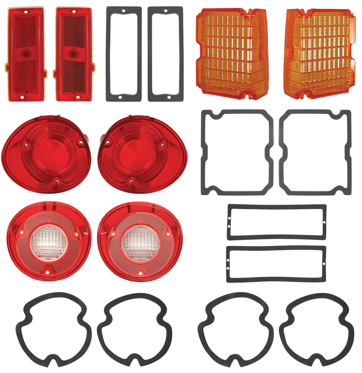 Lens Kit, Exterior, 1972 Chevelle, Tail, Backup, Marker, Amber Park, W/Gasket 1 Lens Kit, Exterior, 1972 Chevelle, Tail, Backup, Marker, Amber Park, W/Gasket