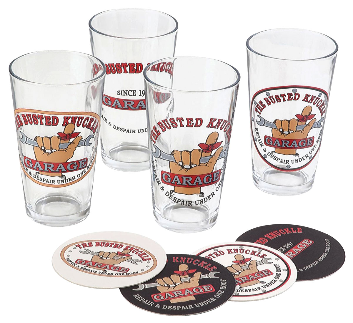 Pub Glass Set, w/Coasters, Busted Knuckle Garage 1 Pub Glass Set, w/Coasters, Busted Knuckle Garage