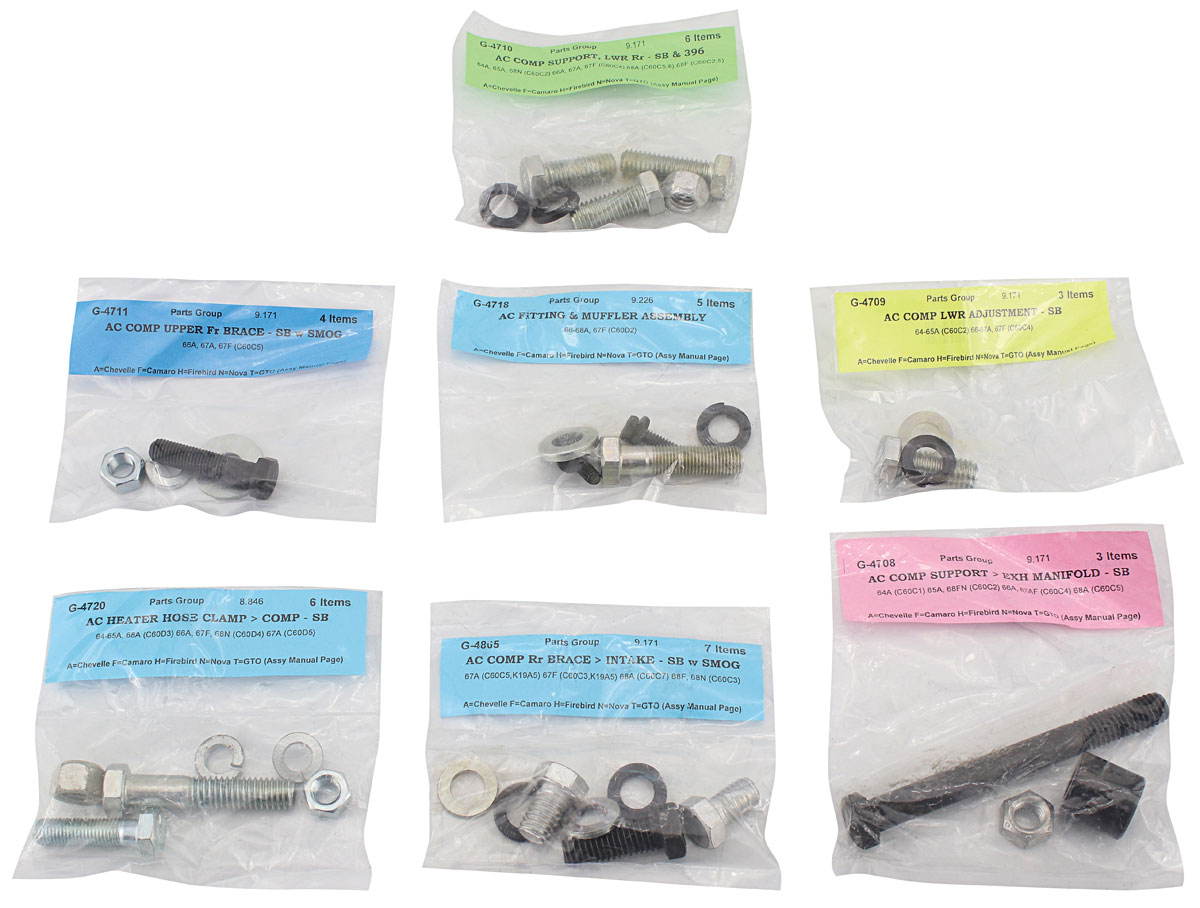 Fastener Set, Air Conditioning, 1966-67 Chevelle/El Camino, Small Block, w/Smog 1 Fastener Set, Air Conditioning, 1966-67 Chevelle/El Camino, Small Block, w/Smog
