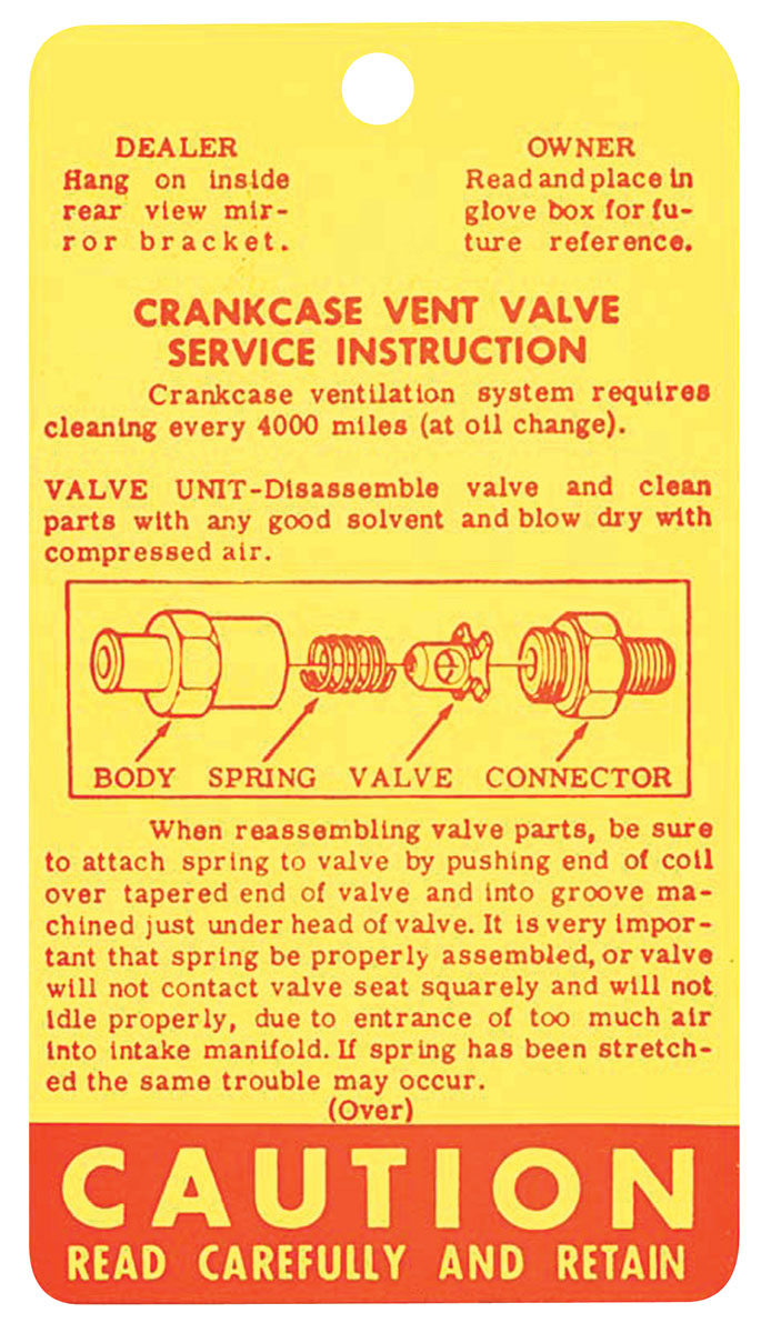 Instructions Tag, Crankcase Vent, 1964-65 Chevelle/El Camino
