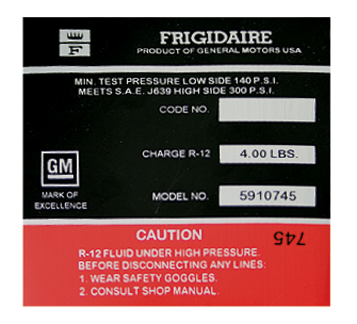 Decal, AC Comp, 69 Chev/Elco/Corvair/Cadillac, Frigidaire, GM # 5910745