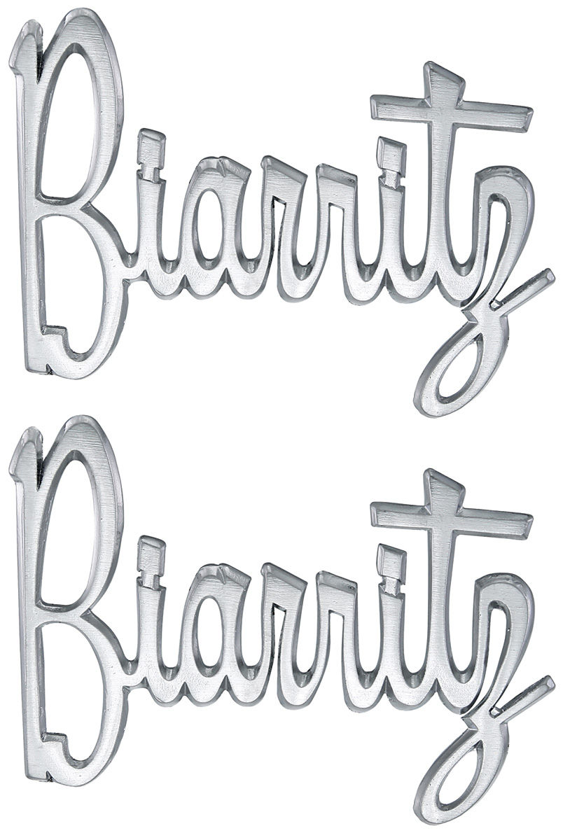 Emblem, Fender, 1961 Cadillac, Biarritz Script, Pair 1 Emblem, Fender, 1961 Cadillac, Biarritz Script, Pair