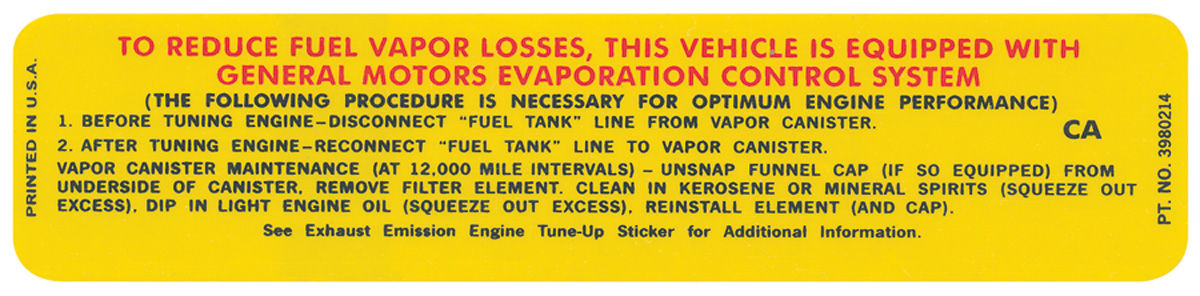 Decal, Radiator Support, 1970 Chevelle 454/450 HP, #3980214, Pre-Jan 1970 1 Decal, Radiator Support, 1970 Chevelle 454/450 HP, #3980214, Pre-Jan 1970