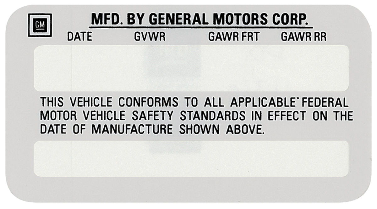 Decal, Vehicle Certification Kit, 1976-77 GM, Interior