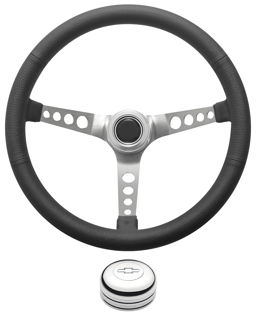 Steering Wheel Kit, 1969-88 Chevrolet, Retro w/Holes, Engraved Bowtie, Polished 1 Steering Wheel Kit, 1969-88 Chevrolet, Retro w/Holes, Engraved Bowtie, Polished