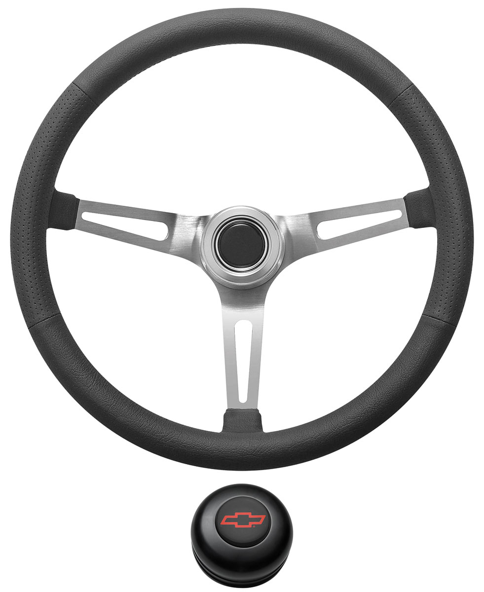 Steering Wheel Kit, 1969-88 Chevrolet, Retro w/Slots, Red Bowtie Cap, Black 1 Steering Wheel Kit, 1969-88 Chevrolet, Retro w/Slots, Red Bowtie Cap, Black
