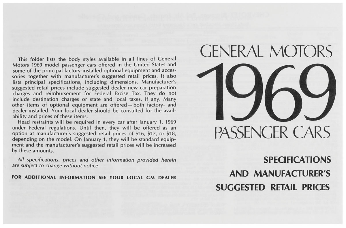 Price List, 1969 GM All, MSRP 1 Price List, 1969 GM All, MSRP