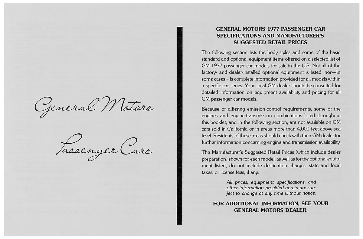 Price List, 1977 GM All, MSRP 1 Price List, 1977 GM All, MSRP