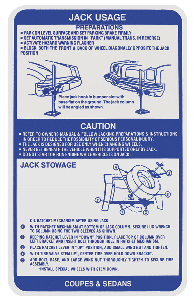 Decal, Jacking Instructions, 1973 Pontiac exc. Convertible, In Trunk
