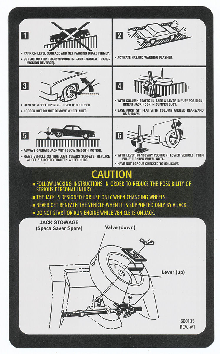 Decal, Jack Stowage Instructions, 76 Pontiac, w/Space Saver Spare, GM # 500135 1 Decal, Jack Stowage Instructions, 76 Pontiac, w/Space Saver Spare, GM # 500135