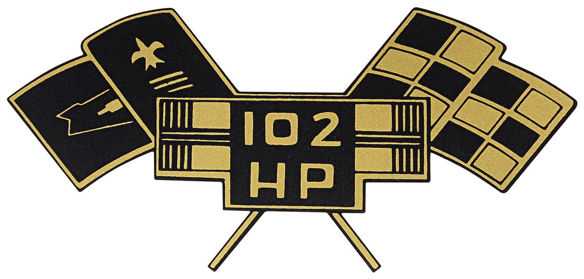 Decal, Engine Shroud, 1962-63 Corvair, 102 HP Crossed Flag 1 Decal, Engine Shroud, 1962-63 Corvair, 102 HP Crossed Flag