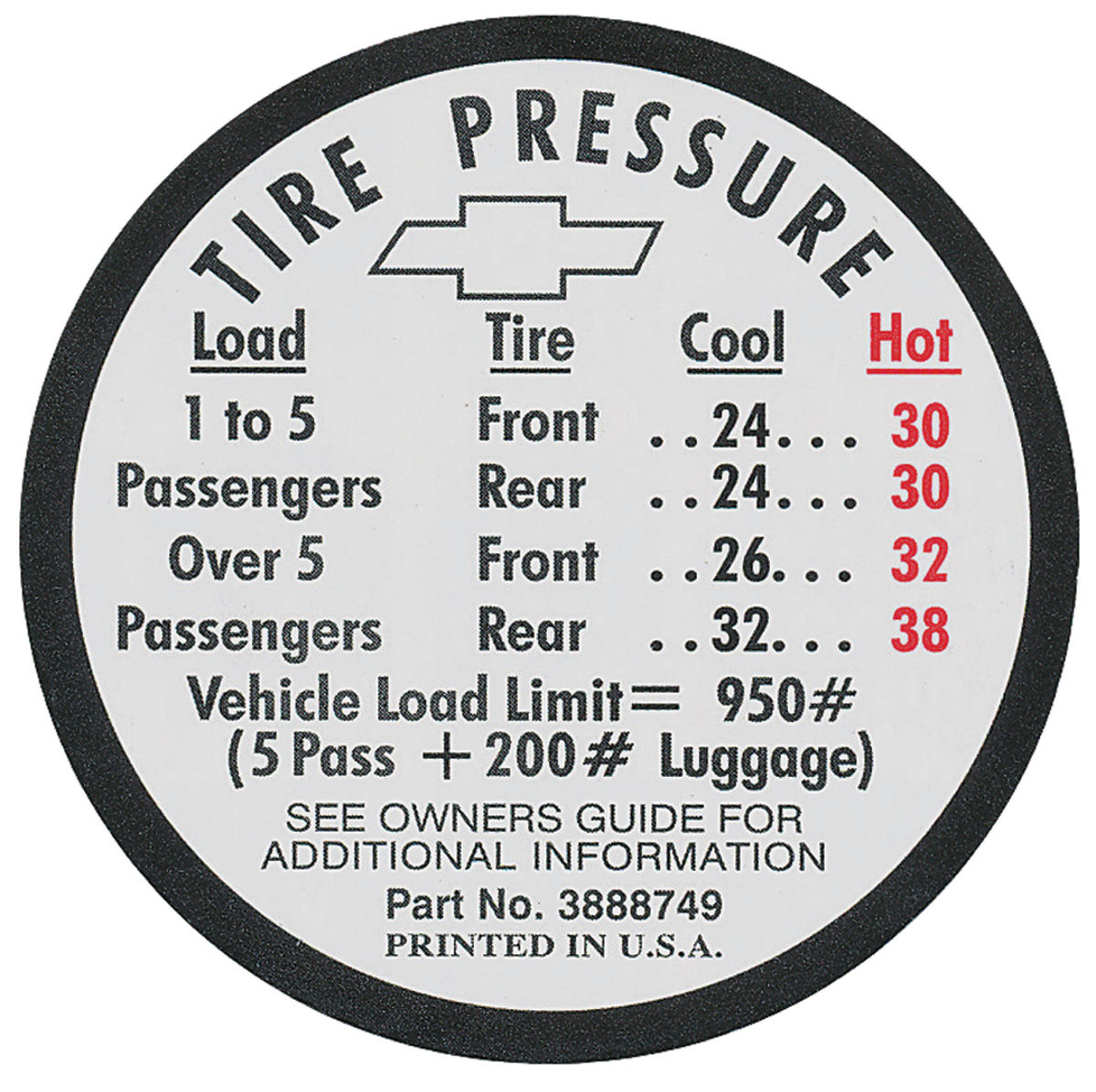 Decal, Tire Pressure, 1966 Chevelle SS, GM # 3888749