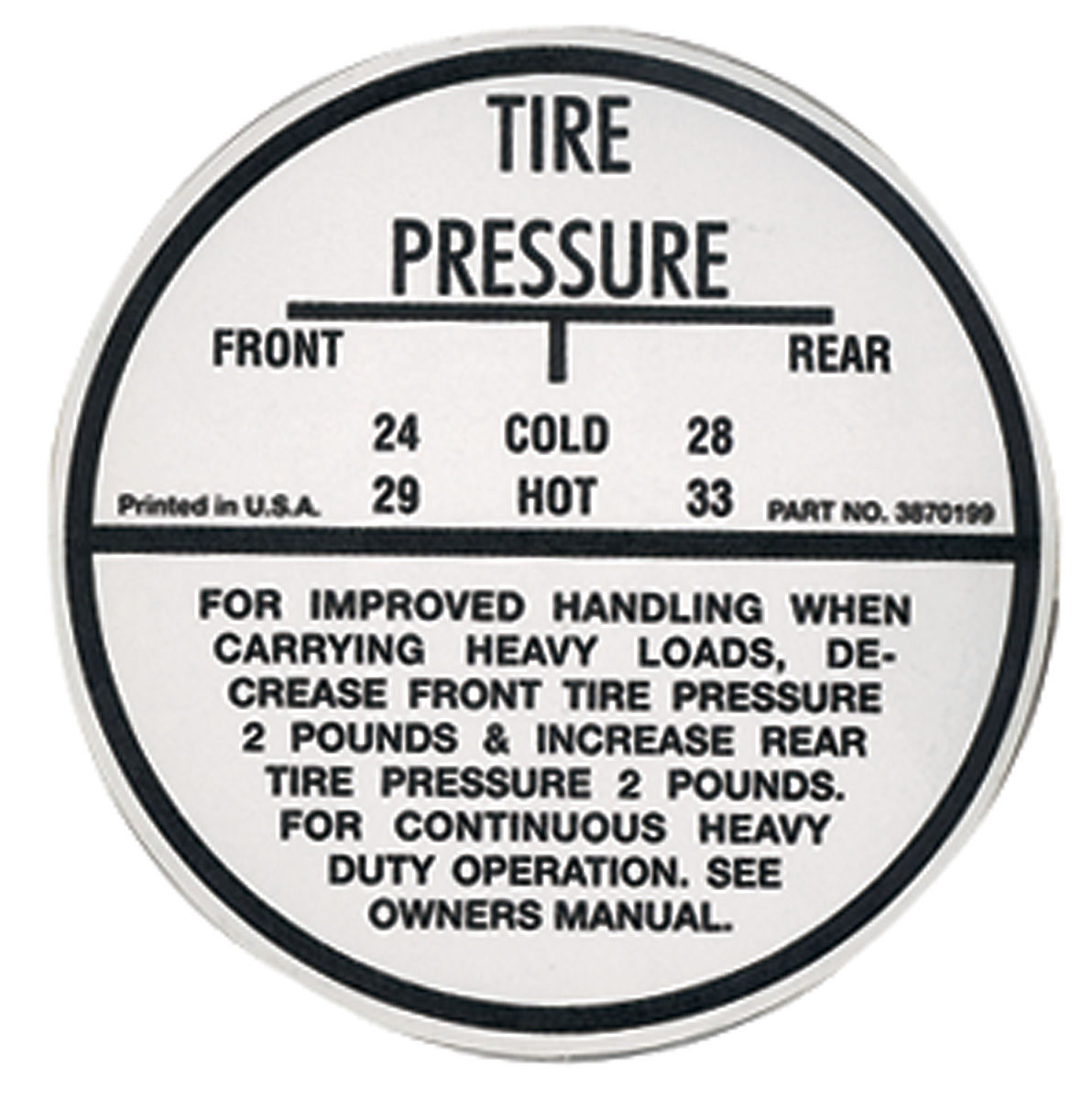 Decal, Tire Pressure, 1968 Chevelle SS 1 Decal, Tire Pressure, 1968 Chevelle SS