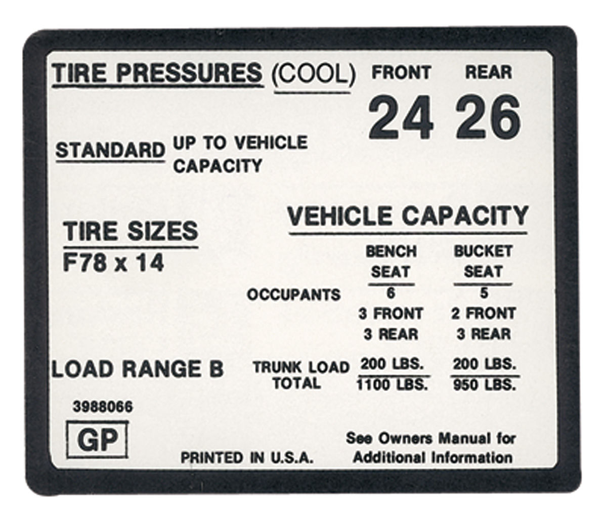 Decal, Tire Pressure, 1971 Chevelle, GP 3988066 1 Decal, Tire Pressure, 1971 Chevelle, GP 3988066